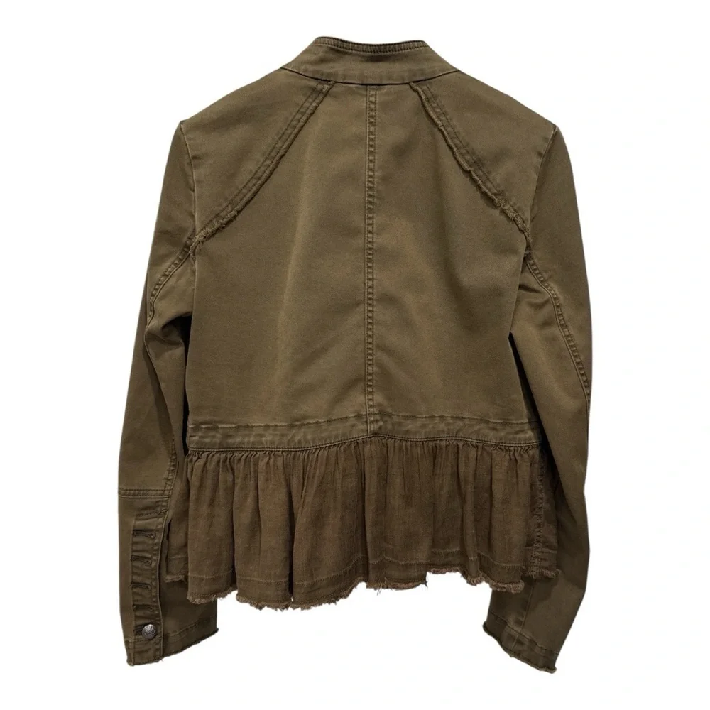 FREE PEOPLE Womens Olive Green Military Ruffle Hem Jacket Size S